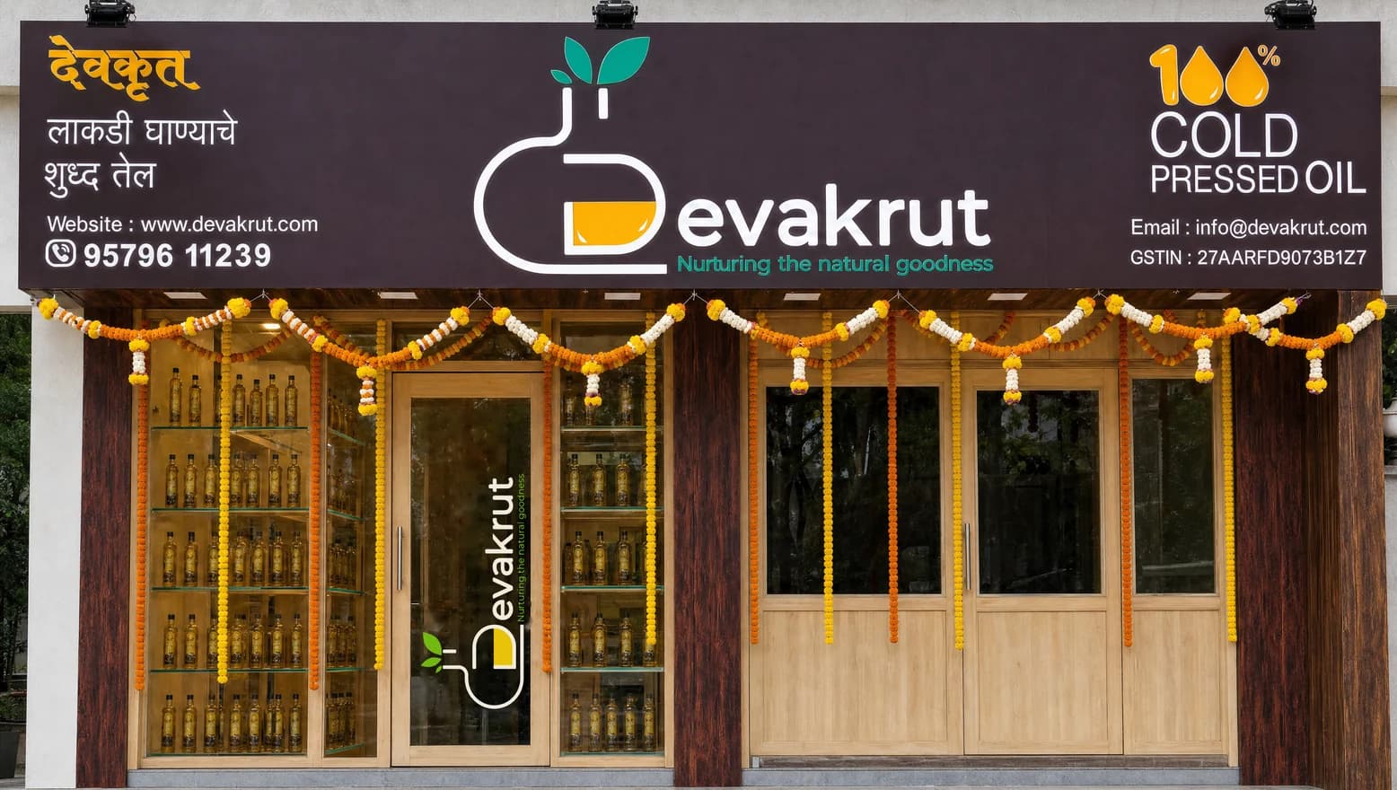 The Devakrut shopfront in Alibag, garlanded with marigolds